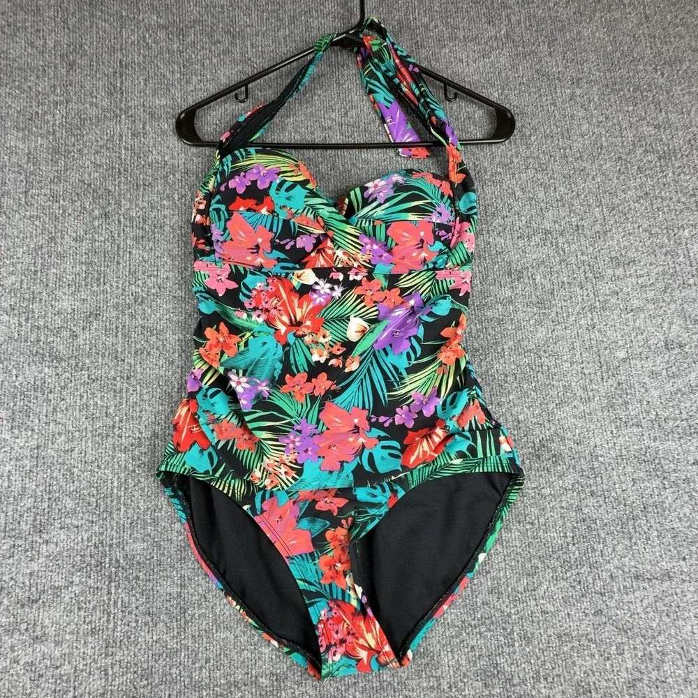 Catalina Swimsuit Womens Medium 8-10 Tropical Floral Halter One Piece Padded